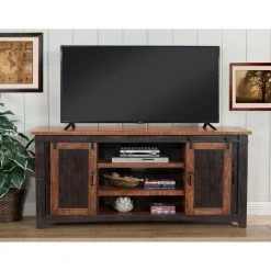 Santa Fe Antique Black and Age Distressed Pine Metal TV Stand Fits TVs Up to 70 in. with Cable Management by Martin Svensson Home -EVERGLADE HOME Shop antique black and age distressed pine martin svensson home tv stands 90905 1f 1000