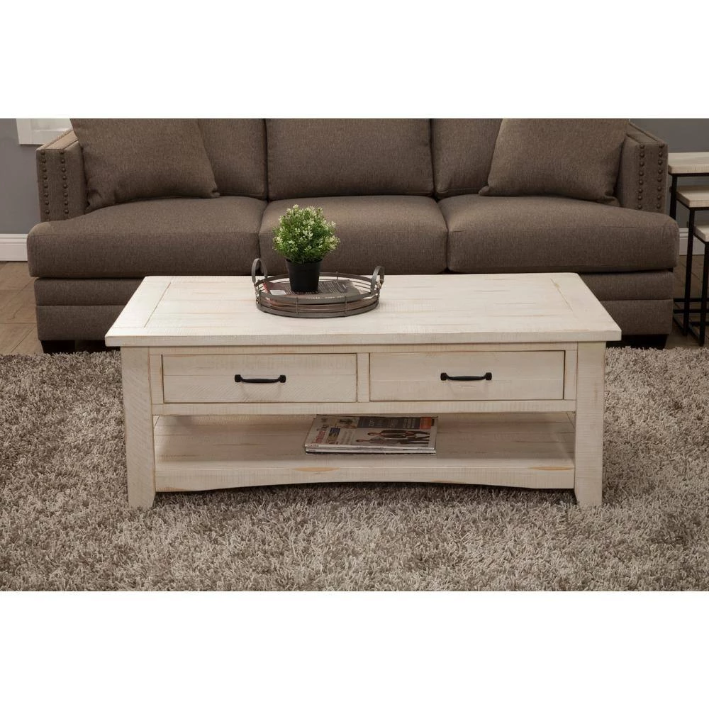 Rustic 50 in. Antique White Large Rectangle Wood Coffee Table with Drawers by Martin Svensson Home 6 Rustic 50 in. Antique White Large Rectangle Wood Coffee Table with Drawers by Martin Svensson Home - Image 6