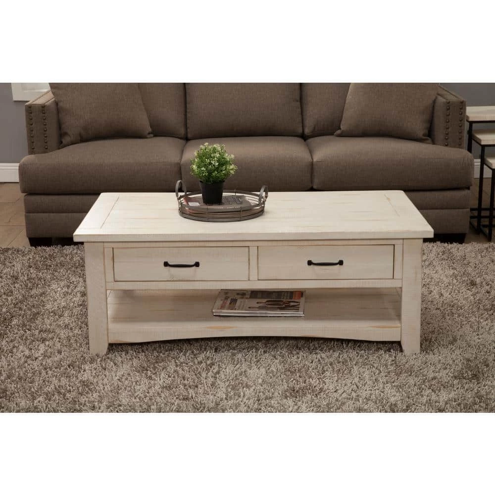Rustic 50 in. Antique White Large Rectangle Wood Coffee Table with Drawers by Martin Svensson Home 9 Rustic 50 in. Antique White Large Rectangle Wood Coffee Table with Drawers by Martin Svensson Home - Image 9