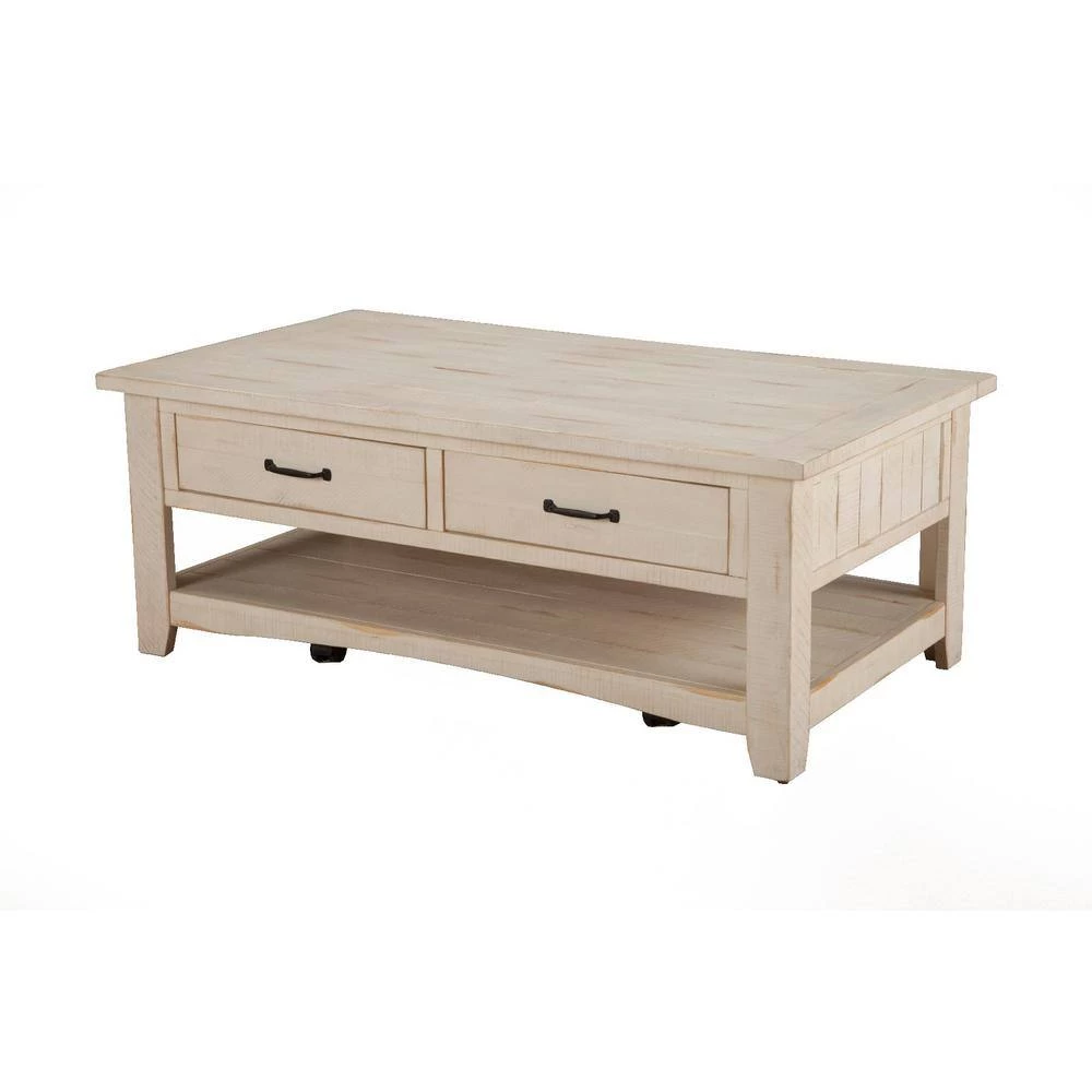 Rustic 50 in. Antique White Large Rectangle Wood Coffee Table with Drawers by Martin Svensson Home 4 Rustic 50 in. Antique White Large Rectangle Wood Coffee Table with Drawers by Martin Svensson Home - Image 4