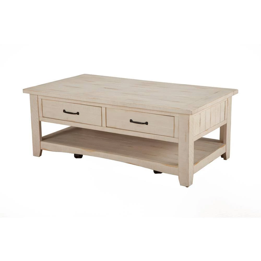 Rustic 50 in. Antique White Large Rectangle Wood Coffee Table with Drawers by Martin Svensson Home 2 Rustic 50 in. Antique White Large Rectangle Wood Coffee Table with Drawers by Martin Svensson Home - Image 2