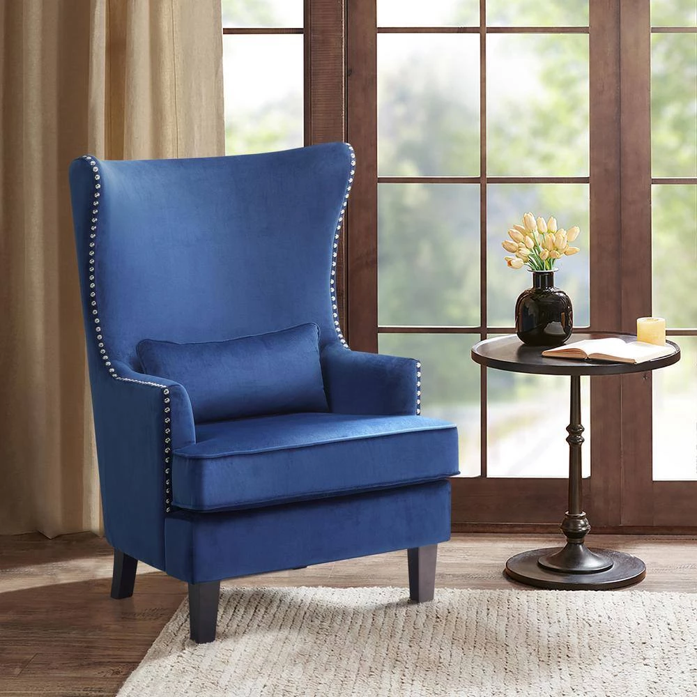 Narcine Blue Velvet Wingback Chair with Lumbar Pillow by EVERGLADE HOME 7 Narcine Blue Velvet Wingback Chair with Lumbar Pillow by EVERGLADE HOME - Image 7