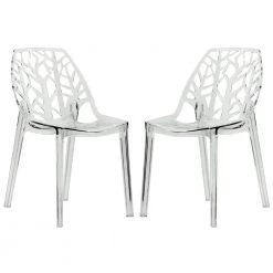 Cornelia Modern Spring Cut-Out Tree Design Stackable Dining Chair Set of 2 in Clear by Leisuremod
