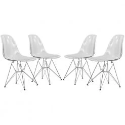 Cresco Modern Plastic Molded Dining Side Chair With Eiffel Chrome Legs Clear Set of 4 by Leisuremod