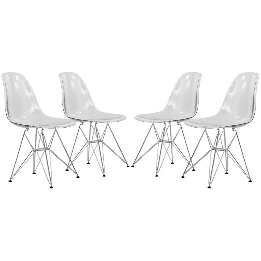 Cresco Modern Plastic Molded Dining Side Chair With Eiffel Chrome Legs Clear Set of 4 by Leisuremod 1 Cresco Modern Plastic Molded Dining Side Chair With Eiffel Chrome Legs Clear Set of 4 by Leisuremod
