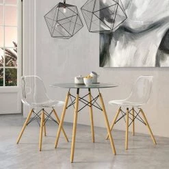 Dover Clear Modern Eiffel Base Plastic Dining Chair With Wood Legs (Set of 2) by Leisuremod -EVERGLADE HOME Shop clear leisuremod dining chairs ep19cl2 31 1000