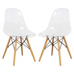 Dover Clear Modern Eiffel Base Plastic Dining Chair With Wood Legs (Set of 2) by Leisuremod