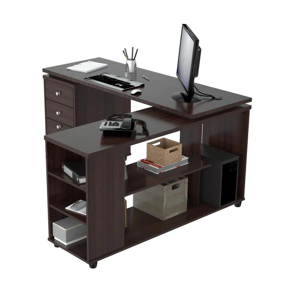 60 in. Espresso L-Shaped 3 -Drawer Computer Desk with Open Storage area by Inval 2 60 in. Espresso L-Shaped 3 -Drawer Computer Desk with Open Storage area by Inval - Image 2