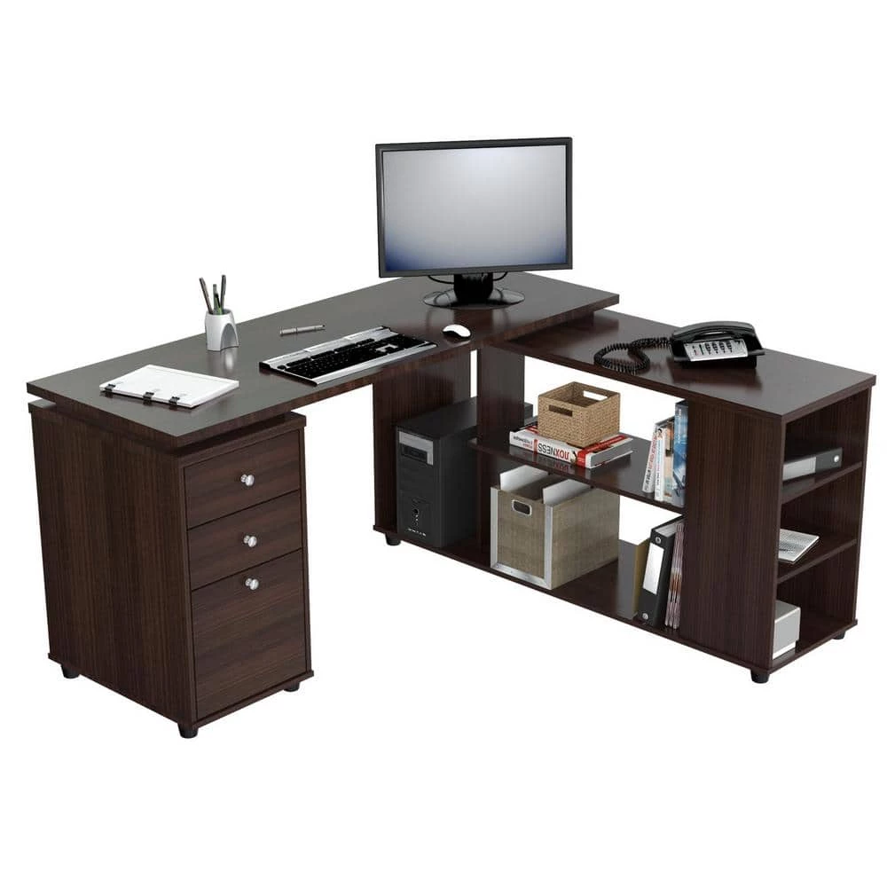 60 in. Espresso L-Shaped 3 -Drawer Computer Desk with Open Storage area by Inval 7 60 in. Espresso L-Shaped 3 -Drawer Computer Desk with Open Storage area by Inval - Image 7