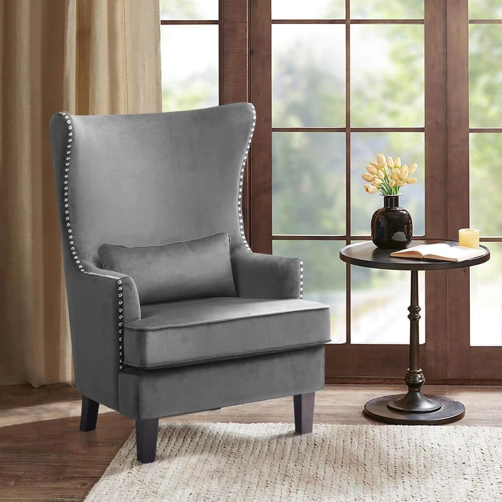 Narcine Gray Velvet Wingback Chair with Lumbar Pillow by EVERGLADE HOME 8 Narcine Gray Velvet Wingback Chair with Lumbar Pillow by EVERGLADE HOME - Image 8