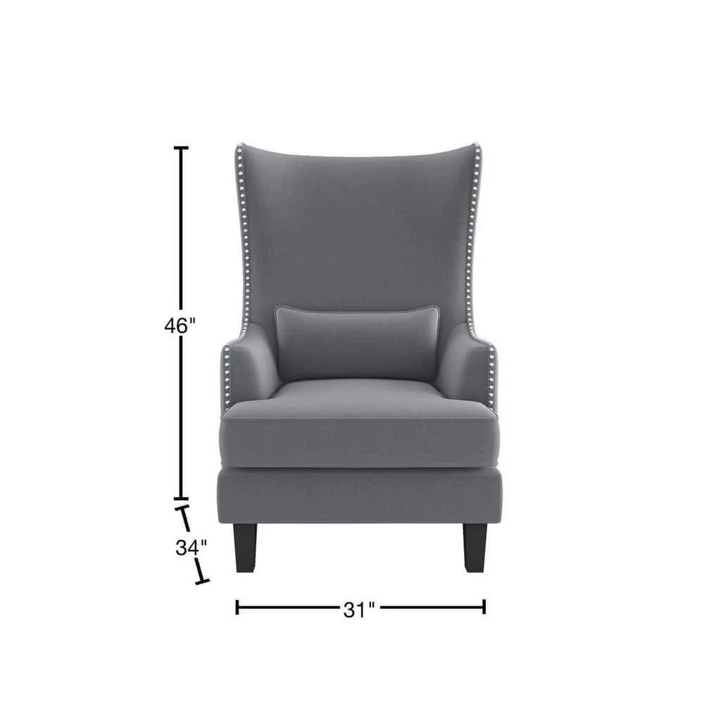 Narcine Gray Velvet Wingback Chair with Lumbar Pillow by EVERGLADE HOME 3 Narcine Gray Velvet Wingback Chair with Lumbar Pillow by EVERGLADE HOME - Image 3