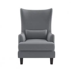 Narcine Gray Velvet Wingback Chair with Lumbar Pillow by EVERGLADE HOME
