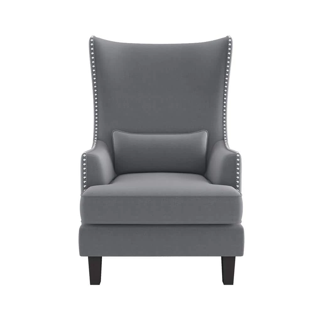 Narcine Gray Velvet Wingback Chair with Lumbar Pillow by EVERGLADE HOME 1 Narcine Gray Velvet Wingback Chair with Lumbar Pillow by EVERGLADE HOME