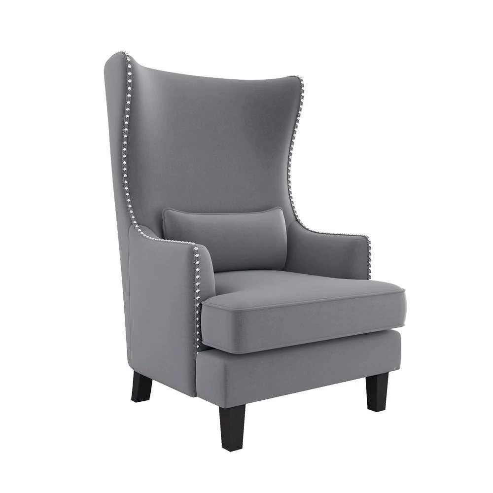 Narcine Gray Velvet Wingback Chair with Lumbar Pillow by EVERGLADE HOME 4 Narcine Gray Velvet Wingback Chair with Lumbar Pillow by EVERGLADE HOME - Image 4