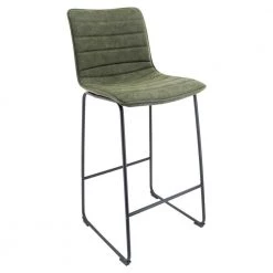 Brooklyn 29.9 in. Black Modern Leather Bar Stool with Iron Base and Footrest in Olive Green by Leisuremod