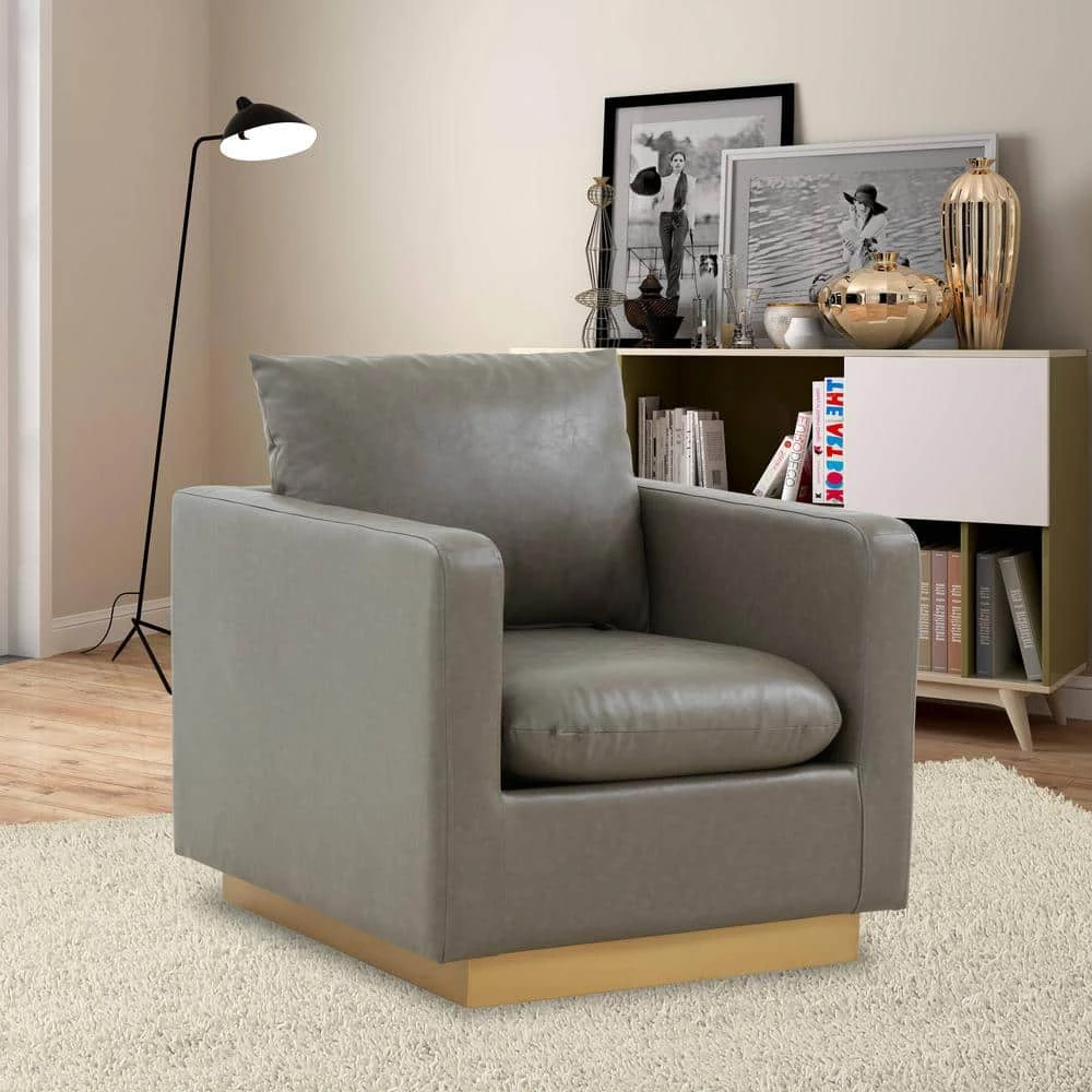Nervo Modern Gold Frame Grey Leather Upholstered Accent Arm Chair With Removable cushions by Leisuremod 2 Nervo Modern Gold Frame Grey Leather Upholstered Accent Arm Chair With Removable cushions by Leisuremod - Image 2