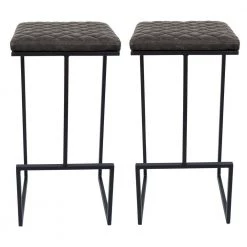 Quincy 29 in. Quilted Stitched Leather Black Metal Bar Stool with Footrest Set of 2 in Grey by Leisuremod
