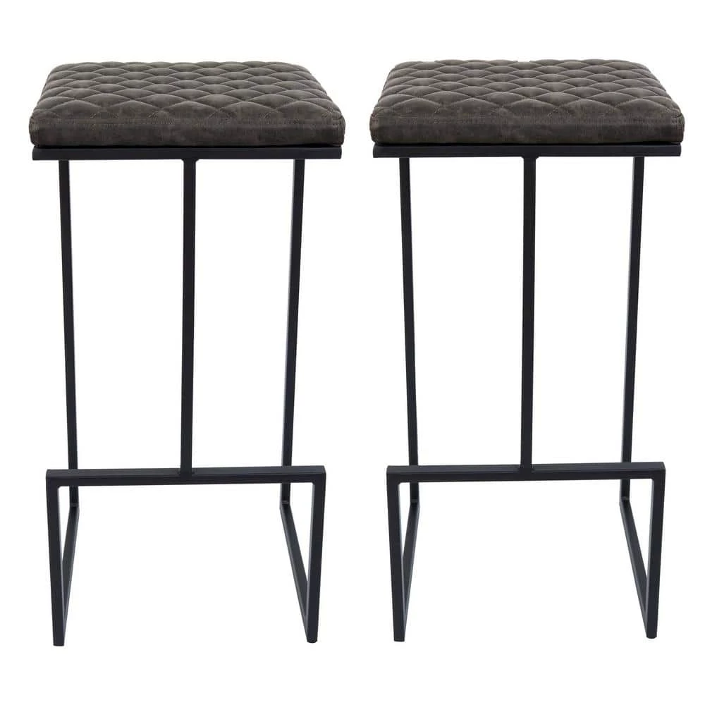 Quincy 29 in. Quilted Stitched Leather Black Metal Bar Stool with Footrest Set of 2 in Grey by Leisuremod 1 Quincy 29 in. Quilted Stitched Leather Black Metal Bar Stool with Footrest Set of 2 in Grey by Leisuremod
