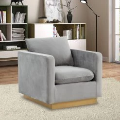 Nervo Modern Gold Frame Light Grey Velvet Upholstered Accent Arm Chair With Removable cushions by Leisuremod -EVERGLADE HOME Shop light grey leisuremod accent chairs ns32lgr 31 1000