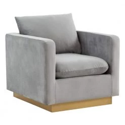 Nervo Modern Gold Frame Light Grey Velvet Upholstered Accent Arm Chair With Removable cushions by Leisuremod