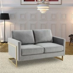 Lincoln Modern 55" Mid-Century Modern Upholstered Velvet Loveseat with Gold Frame in Light Grey by Leisuremod -EVERGLADE HOME Shop light grey leisuremod loveseats la55lgr 31 1000