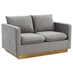 Nervo 55" Mid-Century Modern Upholstered Velvet 2-Seater Loveseat With Gold Frame in Light Grey by Leisuremod