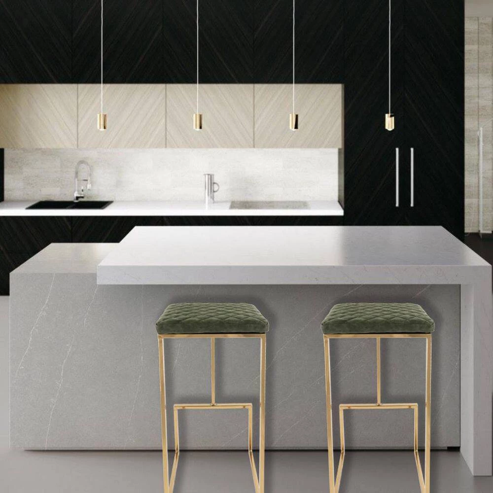 Quincy 29" Quilted Stitched Leather Gold Metal Bar Stool With Footrest in Olive Green by Leisuremod 9 Quincy 29" Quilted Stitched Leather Gold Metal Bar Stool With Footrest in Olive Green by Leisuremod - Image 9