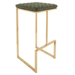 Quincy 29" Quilted Stitched Leather Gold Metal Bar Stool With Footrest in Olive Green by Leisuremod