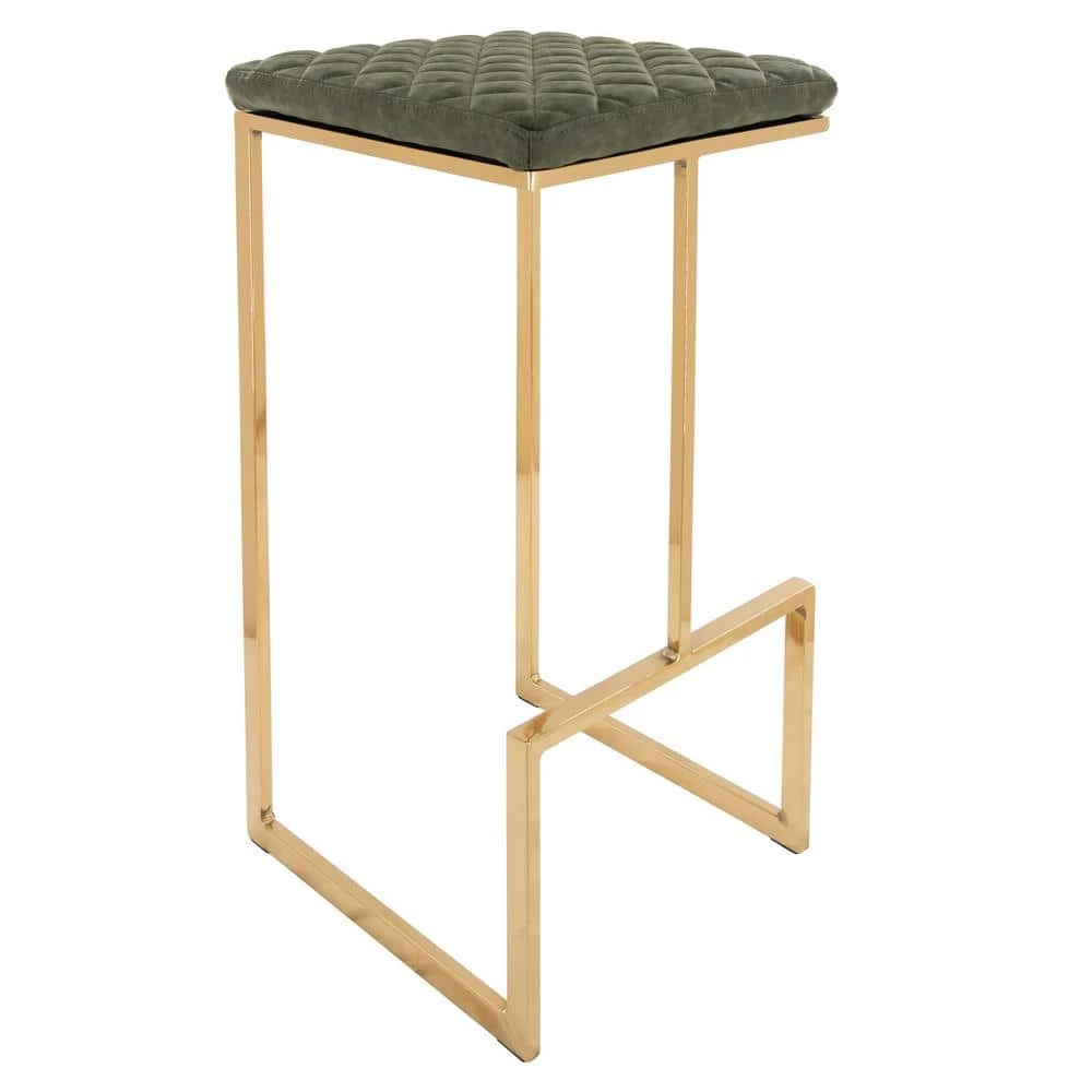 Quincy 29" Quilted Stitched Leather Gold Metal Bar Stool With Footrest in Olive Green by Leisuremod 1 Quincy 29" Quilted Stitched Leather Gold Metal Bar Stool With Footrest in Olive Green by Leisuremod
