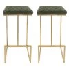 Quincy 29" Quilted Stitched Leather Gold Metal Bar Stool With Footrest Set of 2 in Olive Green by Leisuremod