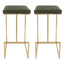 Quincy 29" Quilted Stitched Leather Gold Metal Bar Stool With Footrest Set of 2 in Olive Green by Leisuremod