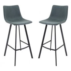 Elland Modern 29.9" Upholstered Leather Bar Stool With Black Iron Legs & Footrest Set of 2 in Peacock Blue by Leisuremod