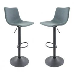 Tilbury Modern Adjustable Leather Bar Stool Black Iron Base With Footrest & 360-Degree Swivel Set of 2 in Peacock Blue by Leisuremod