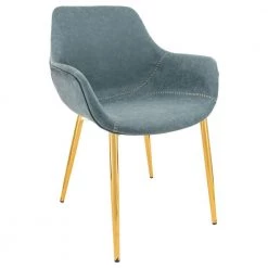Markley Modern Leather Dining Arm Chair With Gold Metal Legs in Peacock Blue by Leisuremod