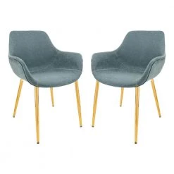 Markley Modern Leather Dining Arm Chair With Gold Metal Legs Set of 2 in Peacock Blue by Leisuremod
