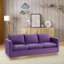 Nervo 83" Mid-Century Modern Upholstered Velvet 3-Seater Sofa With Gold Frame in Purple by Leisuremod -EVERGLADE HOME Shop purple leisuremod sofas couches ns83pu 31 1000