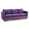 Nervo 83" Mid-Century Modern Upholstered Velvet 3-Seater Sofa With Gold Frame in Purple by Leisuremod