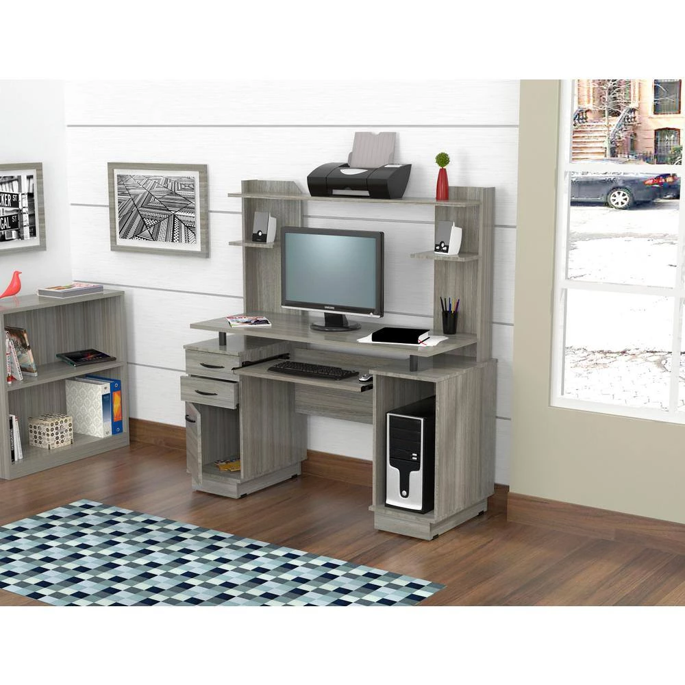 48.39 in. Smoke Oak Rectangular 2 -Drawer Computer Desk with Open Storage by Inval 8 48.39 in. Smoke Oak Rectangular 2 -Drawer Computer Desk with Open Storage by Inval - Image 8