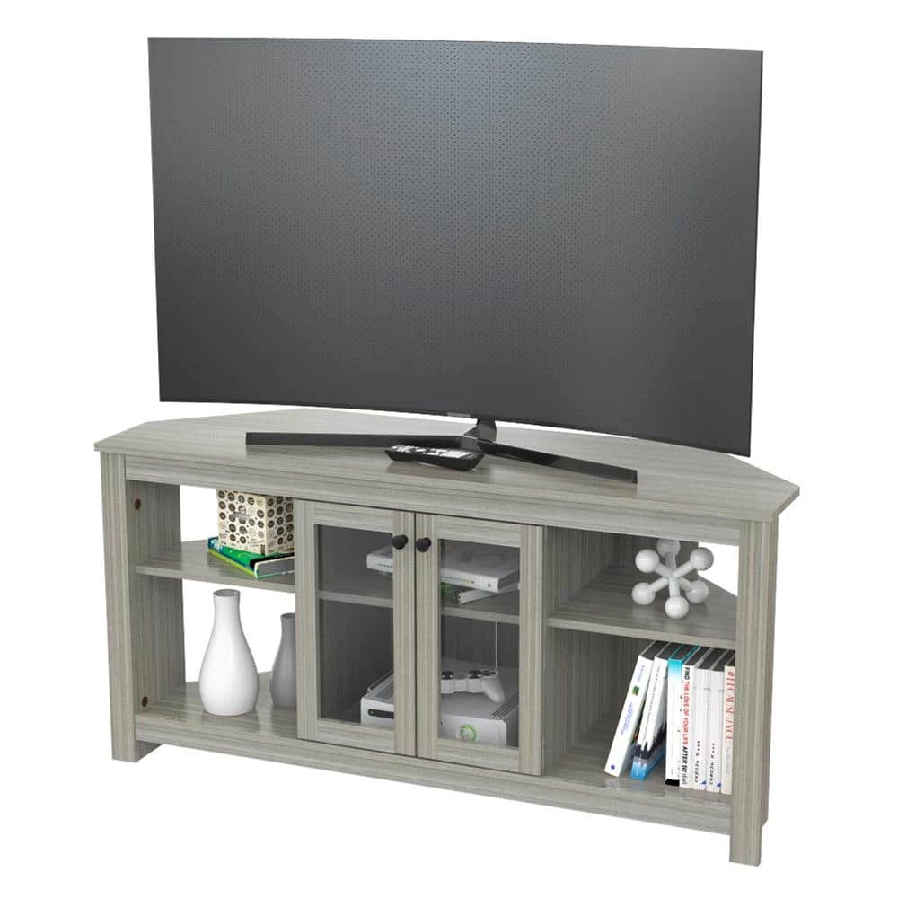 50 in. Smoked Oak Wood Corner TV Stand Fits TVs Up to 60 in. with Adjustable Shelves by Inval 3 50 in. Smoked Oak Wood Corner TV Stand Fits TVs Up to 60 in. with Adjustable Shelves by Inval - Image 3