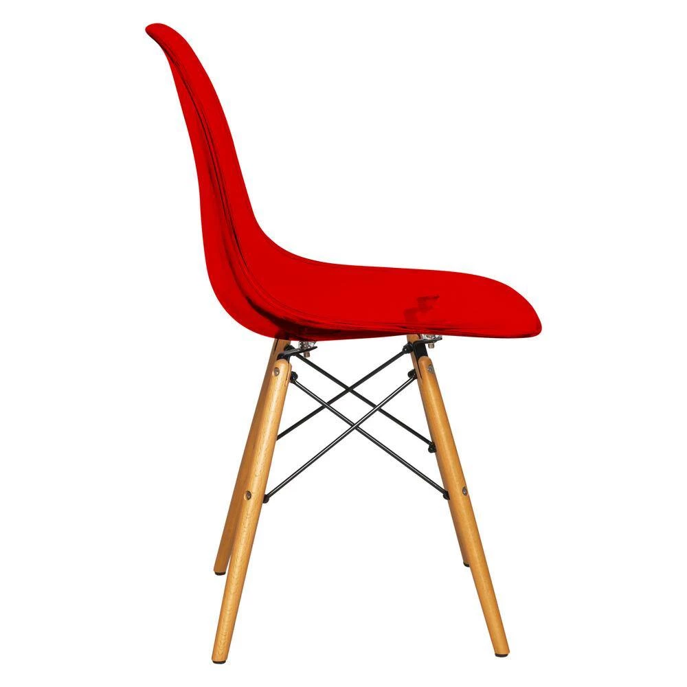 Dover Modern Eiffel Base Plastic Dining Chair With Wood Legs In Transparent Red by Leisuremod 2 Dover Modern Eiffel Base Plastic Dining Chair With Wood Legs In Transparent Red by Leisuremod - Image 2