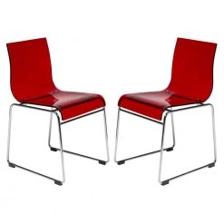 Lima Mid-Century Modern Acrylic Lightweight Kitchen & Dining Side Chair Set of 2 In Transparent Red by Leisuremod