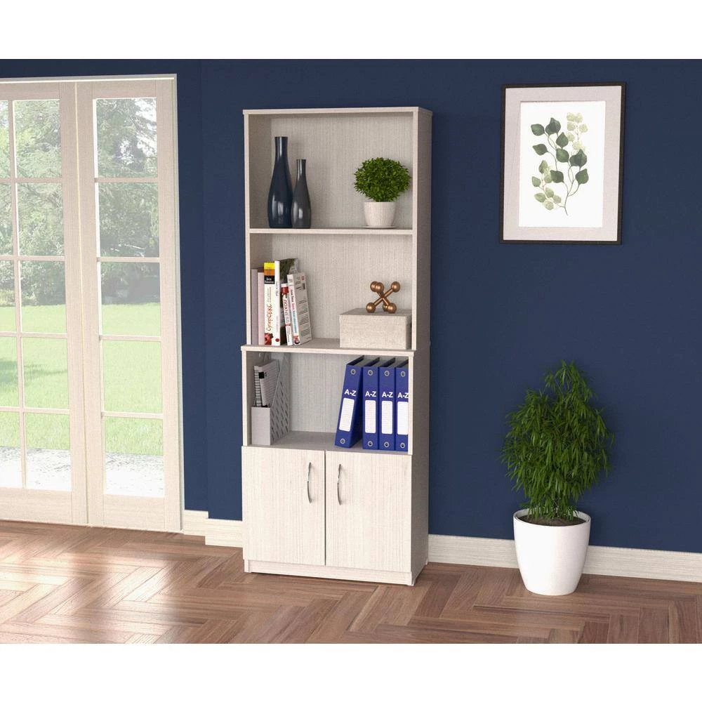 63 in. H Washed Oak Wood 3-Shelf Standard Bookcase with Double Door Storage by Inval 7 63 in. H Washed Oak Wood 3-Shelf Standard Bookcase with Double Door Storage by Inval - Image 7