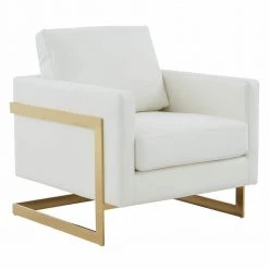 Lincoln Modern Gold Frame White Leather Upholstered Accent Armchair by Leisuremod