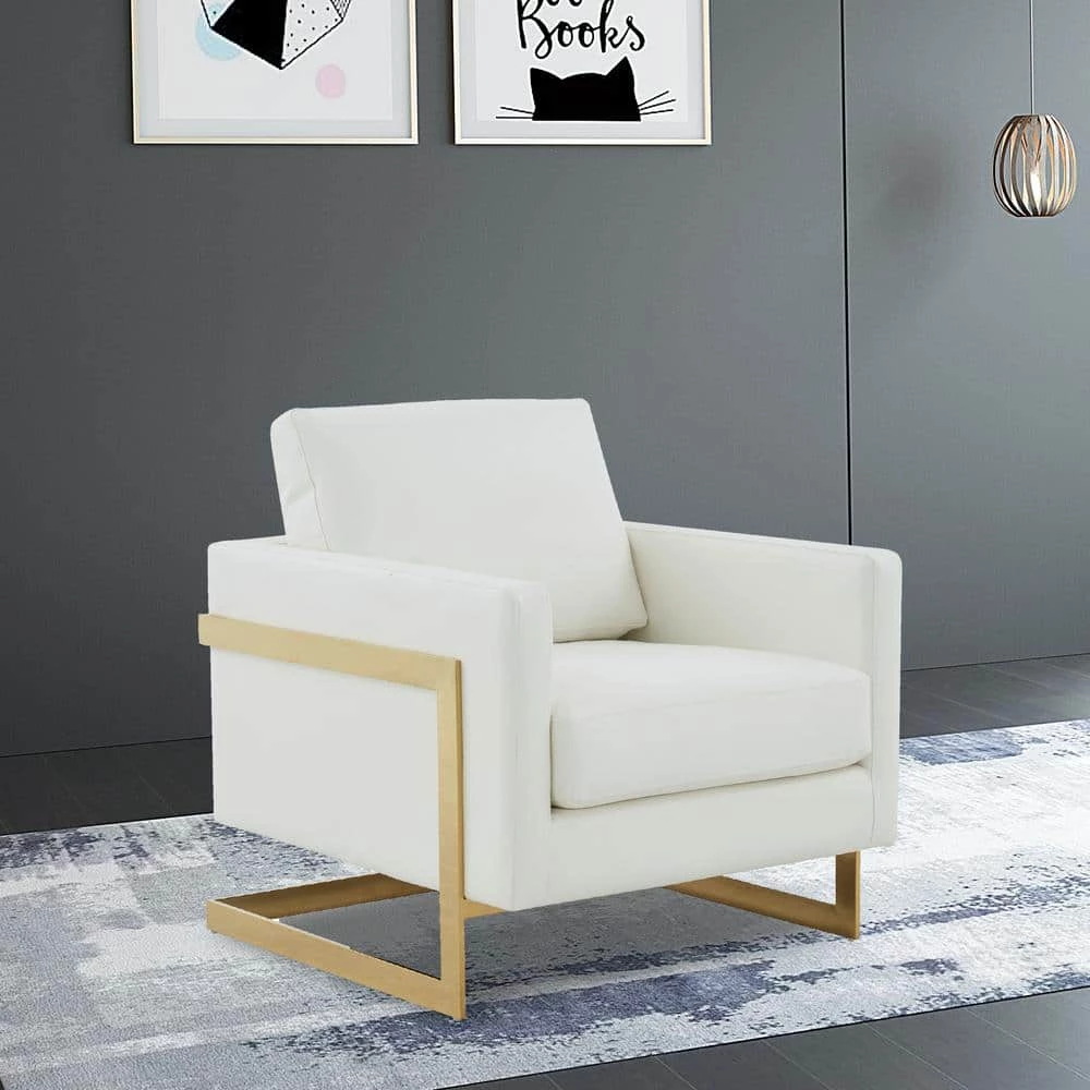 Lincoln Modern Gold Frame White Leather Upholstered Accent Armchair by Leisuremod 2 Lincoln Modern Gold Frame White Leather Upholstered Accent Armchair by Leisuremod - Image 2