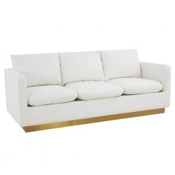 Nervo 83" Mid-Century Modern Upholstered Leather 3-Seater Sofa With Gold Frame in White by Leisuremod