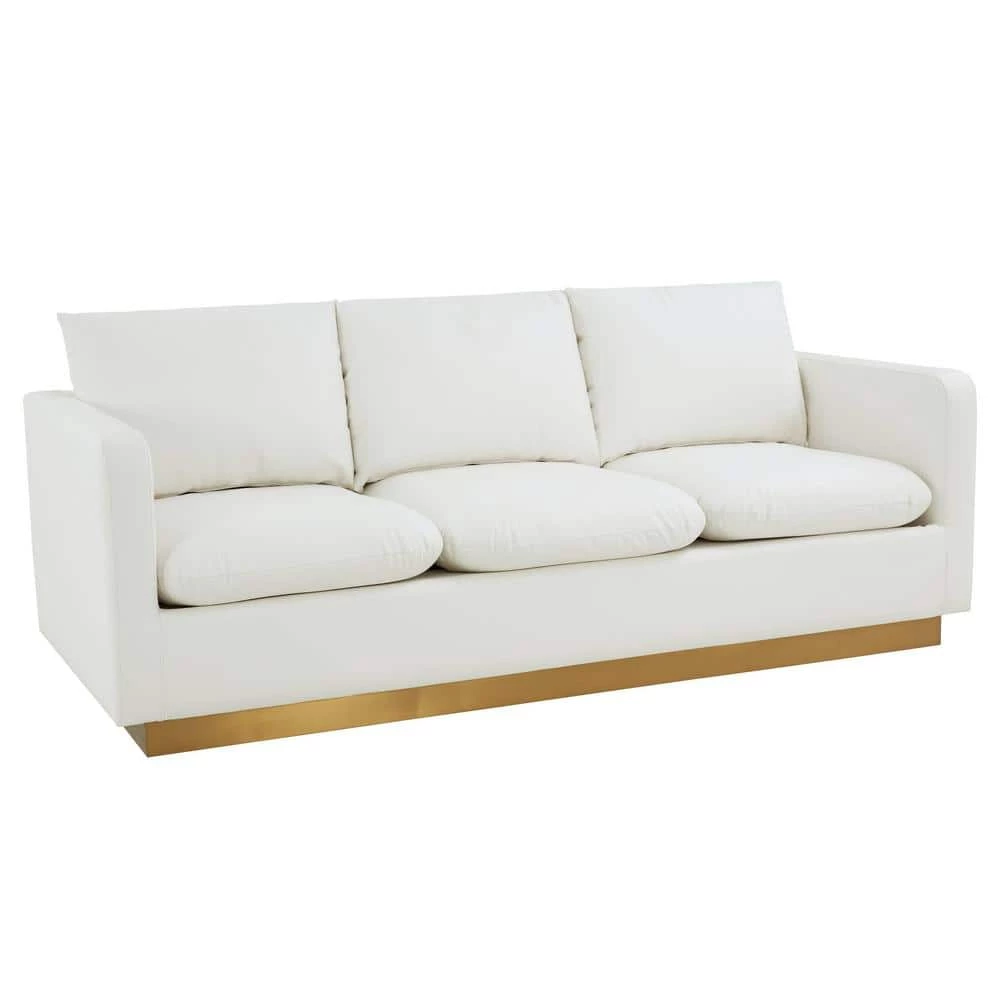 Nervo 83" Mid-Century Modern Upholstered Leather 3-Seater Sofa With Gold Frame in White by Leisuremod 1 Nervo 83" Mid-Century Modern Upholstered Leather 3-Seater Sofa With Gold Frame in White by Leisuremod